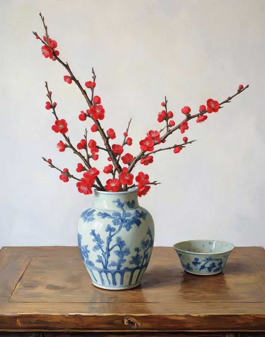 Li Huanyu's oil painting artwork "Red Plum Blossom" (1)